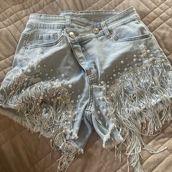 Women's High Waist Denim Short Sequin Rhinestone Pearl Beaded Fringe tassel - Picture 10 of 13